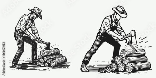 Cowboy Chopping wood. Western rodeo Outline Clipart line art doodle vector illustration. Rustic rancher cutting timber – outdoor lifestyle in the american west with an ax.
