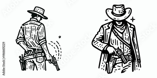 Cowboy Drawing gun from holster. Western rodeo Outline Clipart line art doodle vector illustration. figure fast action firearm motion silhouette artistic rendition.