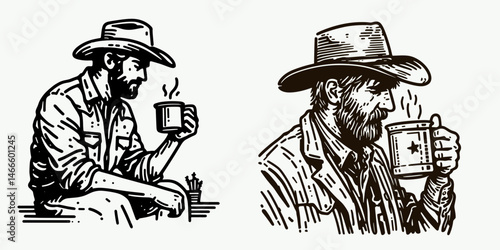 Cowboy Drinking coffee from tin mug. Western rodeo Outline Clipart line art doodle vector illustration. Rancher sipping java metal cup lifestyle theme morning brew.