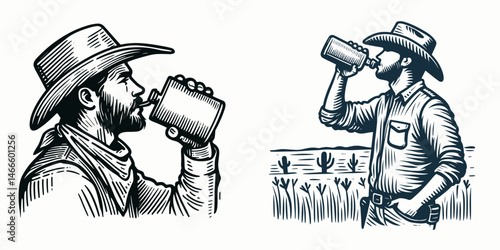 Cowboy Drinking from flask. Western rodeo Outline Clipart line art doodle vector illustration. persona taking a nip portable container beverage alcohol.