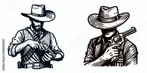 Cowboy Drawing gun from holster. Western rodeo Outline Clipart line art doodle vector illustration. gunslinger quick-draw action a vintage illustration of frontier life.