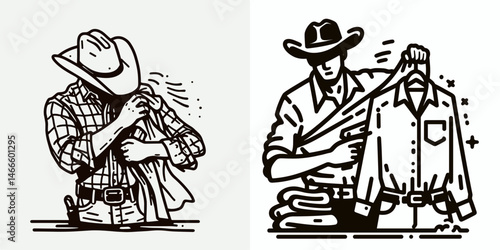 Cowboy Dusting off clothes. Western rodeo Outline Clipart line art doodle vector illustration. Rancher tidying garment removing grime after hard work on the prairie.