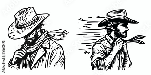 Cowboy Fixing hat in wind. Western rodeo Outline Clipart line art doodle vector illustration. Rancher adjusting headwear amid gust rural lifestyle apparel.