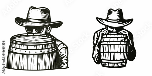 Cowboy Hiding behind a barrel. Western rodeo Outline Clipart line art doodle vector illustration. Wrangler concealed beyond cask rustic concealment figure.