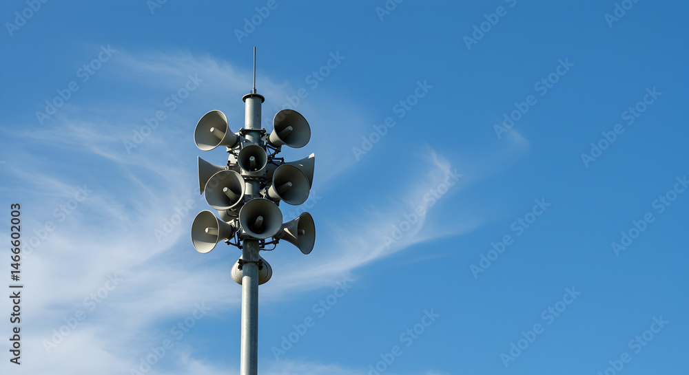 Tall Siren Tower Featuring Multiple Loudspeakers Over Clear Blue Sky with Wispy Clouds in Rural Setting Tall Siren Tower Featuring Multiple Loudspeakers Over Clear Blue Sky with Wispy Clouds in Rural Setting