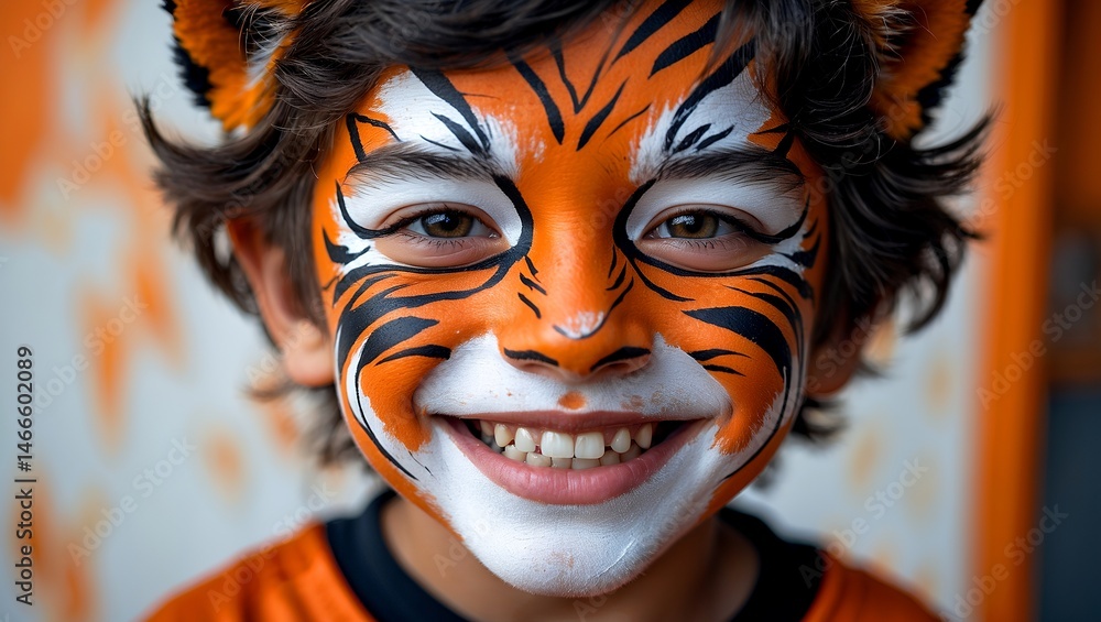 Joyful boy showcasing creative tiger face paint Joyful boy showcasing creative tiger face paint