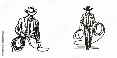 Cowboy Holding reins. Western rodeo Outline Clipart line art doodle vector illustration. Wrangler grasping bridle strap riding archetype ranch vocation.