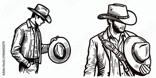 Cowboy Holding hat. Western rodeo Outline Clipart line art doodle vector illustration. Rancher grips headgear a tradition of the old west era icon.
