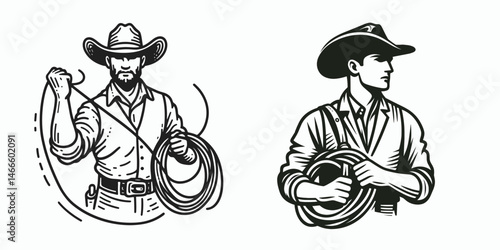 Cowboy Holding lasso ready. Western rodeo Outline Clipart line art doodle vector illustration. Rancher gripping coil poised at a wild west persona lifestyle.