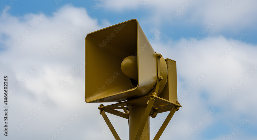 Tall Yellow Public Alert Siren Mounted on a Pole against Light Blue Sky with Scattered Clouds Daytime Outdoor Shot Tall Yellow Public Alert Siren Mounted on a Pole against Light Blue Sky with Scattered Clouds Daytime Outdoor Shot