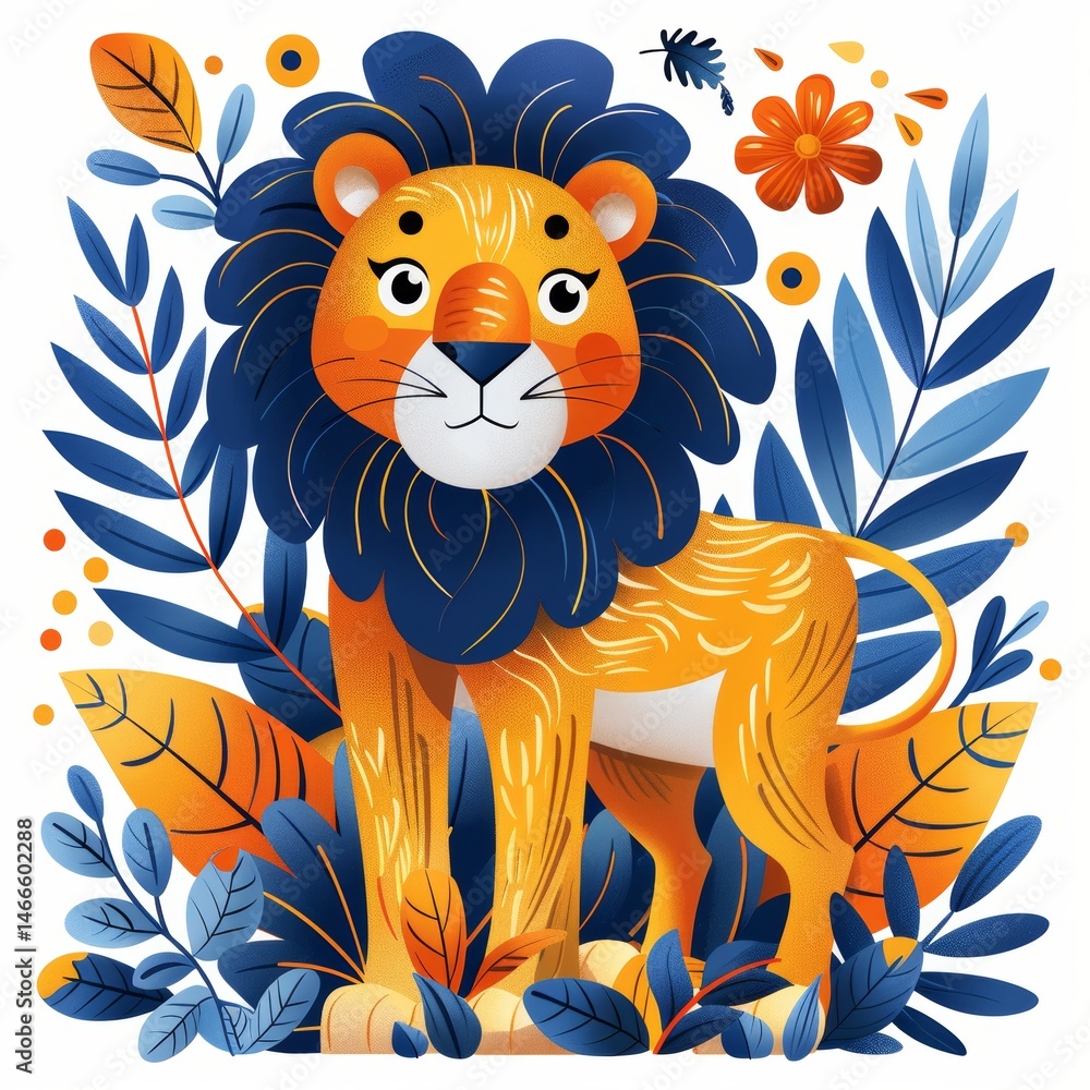 Obraz premium Flat illustration of a lion surrounded by leaves on a white isolated background