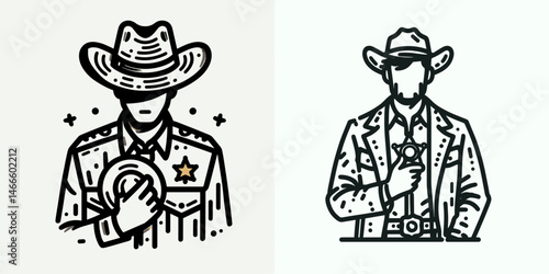 Cowboy Holding sheriff badge. Western rodeo Outline Clipart line art doodle vector illustration. rancher clutching lawman emblem wild west authority icon for protection.