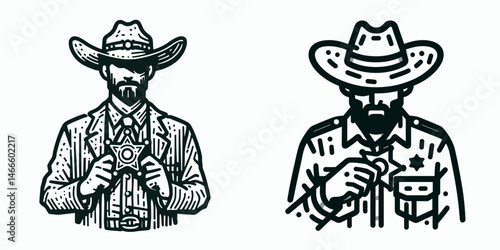 Cowboy Holding sheriff badge. Western rodeo Outline Clipart line art doodle vector illustration. Rancher clutching lawman emblem authority figure with marshal insignia.