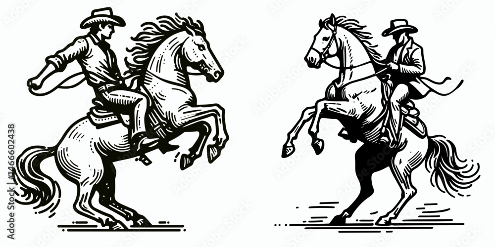 Obraz premium Cowboy Horse rearing. Western rodeo Outline Clipart line art doodle vector illustration. Mounted herder animal lifting forelegs rural west equestrian tradition motion.