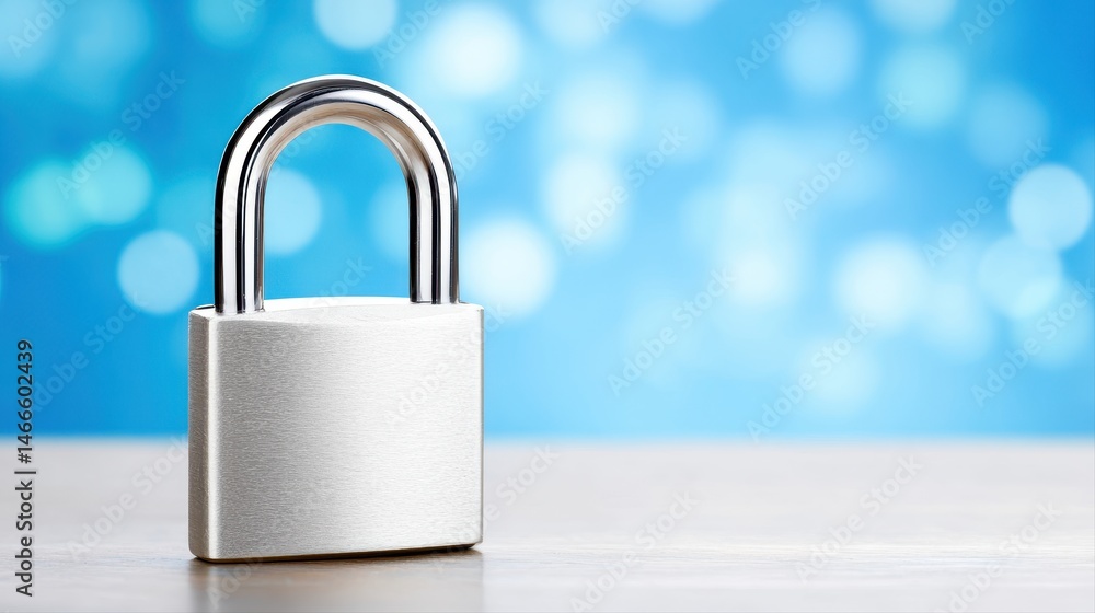 Fototapeta premium A shiny silver padlock sits securely on a wood surface in bright light.