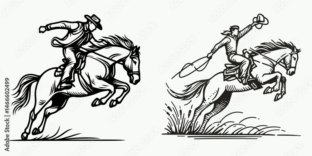 Naklejka premium Cowboy Jumping off horse. Western rodeo Outline Clipart line art doodle vector illustration. Equestrian acrobatics rancher leaping from steed heritage stunt.