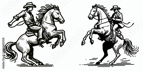 Cowboy Horse rearing. Western rodeo Outline Clipart line art doodle vector illustration. Mounted herder animal lifting forelegs rural west equestrian tradition motion.