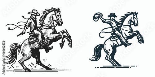Cowboy Horse rearing. Western rodeo Outline Clipart line art doodle vector illustration. Rancher mount raising behavior equine gesture rural animal action.