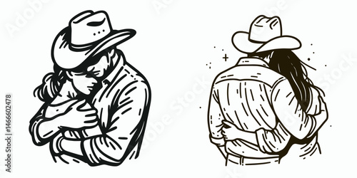 Cowboy Hugging partner. Western rodeo Outline Clipart line art doodle vector illustration. Rancher embracing mate a loving country connection emotion rural devotion.