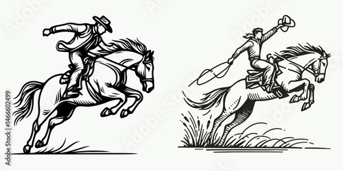 Cowboy Jumping off horse. Western rodeo Outline Clipart line art doodle vector illustration. Equestrian acrobatics rancher leaping from steed heritage stunt.