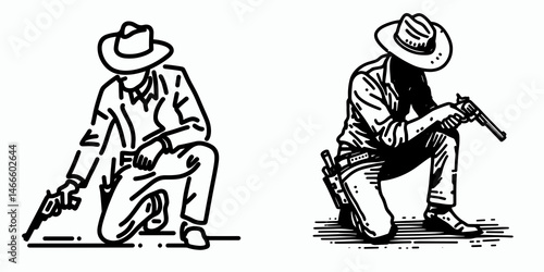 Cowboy Kneeling to draw gun. Western rodeo Outline Clipart line art doodle vector illustration. gunslinger down low ready unholster firearm a vintage outlaw action.