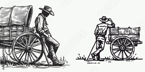 Cowboy Leaning against wagon. Western rodeo Outline Clipart line art doodle vector illustration. Rancher propped toward cart rustic persona resting celluloid image.