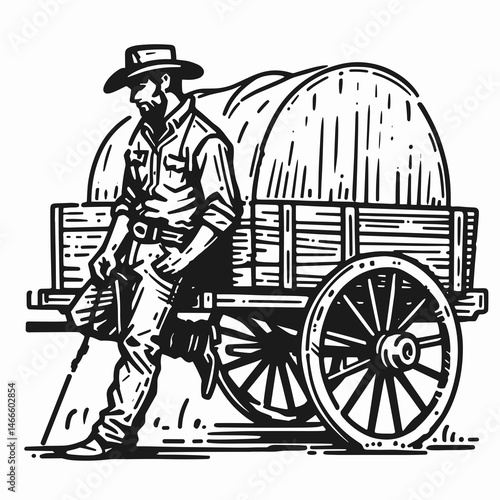 Cowboy Leaning against wagon. Western rodeo Outline Clipart line art doodle vector illustration. Rancher resting near covered cart gear open prairie vista rural theme.