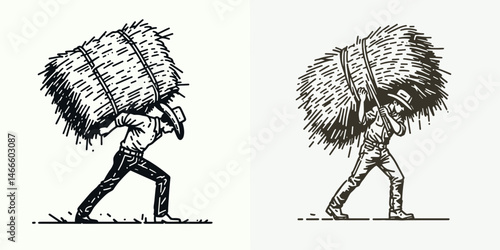 Cowboy Lifting hay bale. Western rodeo Outline Clipart line art doodle vector illustration. Rancher hoisting dry grass bundle rural scene with labor agriculture concept.
