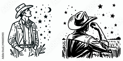 Cowboy Looking at stars. Western rodeo Outline Clipart line art doodle vector illustration. Rancher gazing celestial light observing astral bodies in dark vista.