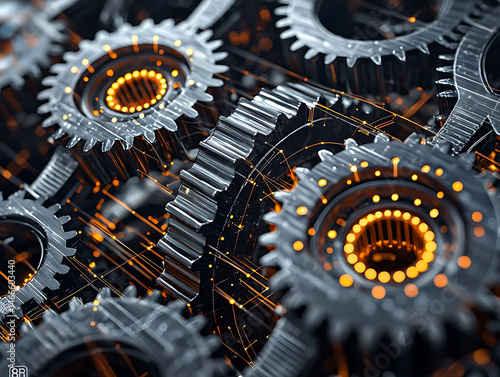 Intricate 3D render of metallic gears interlocked, glowing orange energy sparks connecting them.  Stylish, hightech image ideal for technology, engineering, or innovation concepts.