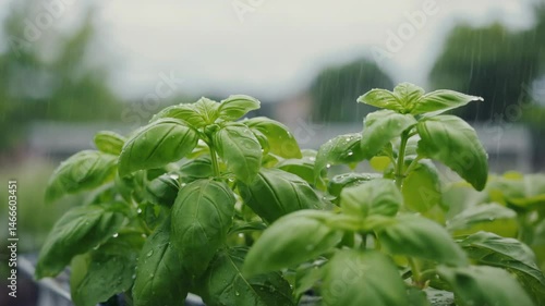 Fresh basil growing in a rainy garden setting