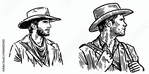 Cowboy Looking into distance. Western rodeo Outline Clipart line art doodle vector illustration. Rancher gazing afar remote plains vista american west heritage concept.