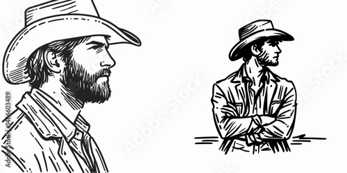 Cowboy Looking into distance. Western rodeo Outline Clipart line art doodle vector illustration. Rancher gazing toward horizon contemplative rural lifestyle vista.