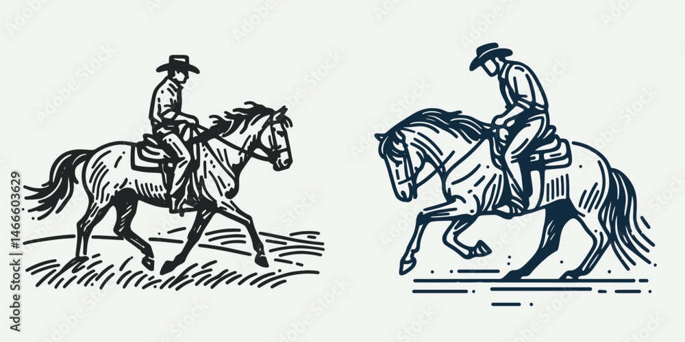 Fototapeta premium Cowboy Mounting a horse. Western rodeo Outline Clipart line art doodle vector illustration. Rancher astride equine rural west tradition livestock riding heritage.