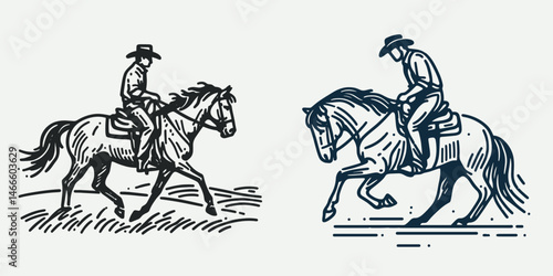 Cowboy Mounting a horse. Western rodeo Outline Clipart line art doodle vector illustration. Rancher astride equine rural west tradition livestock riding heritage.