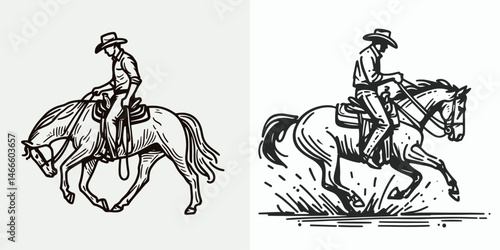 Cowboy Mounting a horse. Western rodeo Outline Clipart line art doodle vector illustration. Rancher astride equine rustic west scene equestrian lifestyle theme.