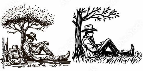 Cowboy Resting under tree. Western rodeo Outline Clipart line art doodle vector illustration. Rancher relaxing beneath timber prairie vista tranquility rural scene icon.