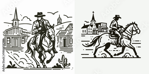 Cowboy Riding into town. Western rodeo Outline Clipart line art doodle vector illustration. horseman adventuring toward settlement a rural vista journey attraction.