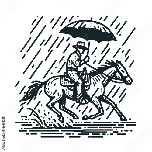 Cowboy Riding in rain. Western rodeo Outline Clipart line art doodle vector illustration. Lone equestrian journey amid precipitation figure a downpour.