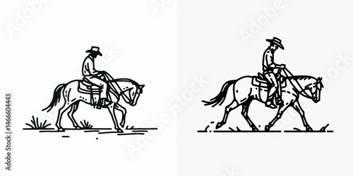 Cowboy Saddling up. Western rodeo Outline Clipart line art doodle vector illustration. Rancher mounting steed gear preparation equine journey initiation.