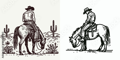 Cowboy Saddling up. Western rodeo Outline Clipart line art doodle vector illustration. Rancher mounting horse lifestyle gear rural preparation horseback riding equitation theme.