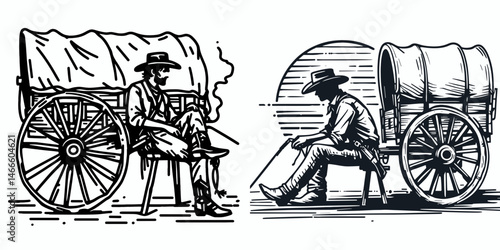 Cowboy Sitting by wagon wheel. Western rodeo Outline Clipart line art doodle vector illustration. rider resting near carriage circle frontier lifestyle rural scene.