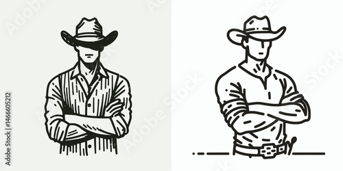 Cowboy Standing with crossed arms. Western rodeo Outline Clipart line art doodle vector illustration. figure bracing folded arm rancher at rest rural life posture.