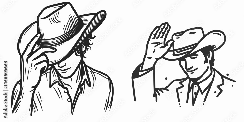 Fototapeta premium Cowboy Tipping hat in greeting. Western rodeo Outline Clipart line art doodle vector illustration. Rancher headwear gesture welcoming salute country custom culture.
