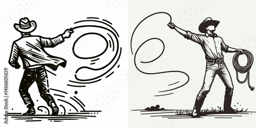 Cowboy Throwing a rope. Western rodeo Outline Clipart line art doodle vector illustration. Rancher tossing lariat heritage rodeo sport livestock handling.