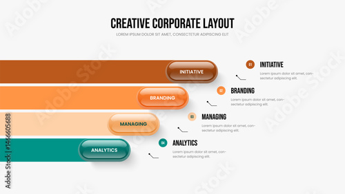 Advertising Strategy 4 Step Infographic Slideshow Layout. Corporate Portfolio Slide Design Vector Illustration. Company Innovation Four Element Diagram Frame Template.