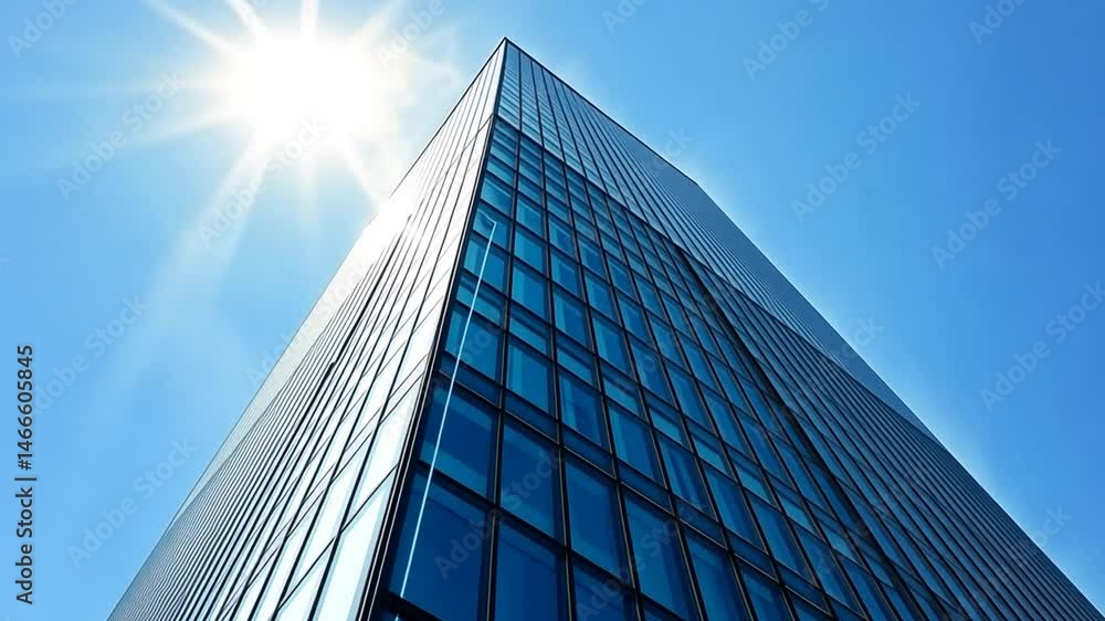View of high rise glass building and dark steel window system on blue clear sky background,Business concept of future architecture,looking up to the sun light on the top of building. 3d render View of high rise glass building and dark steel window system on blue clear sky background,Business concept of future architecture,looking up to the sun light on the top of building. 3d render