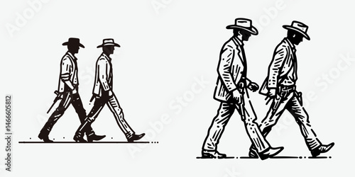 Cowboy Walking side by side. Western rodeo Outline Clipart line art doodle vector illustration. figure strolling abreast a rural person alongside in unison.
