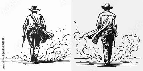 Cowboy Walking through dust. Western rodeo Outline Clipart line art doodle vector illustration. Lone rancher stroll amid desert ground haze a genre archetype.