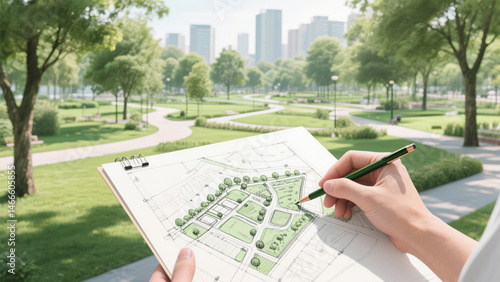 Architect sketching a park design on a clipboard with a pencil in a green urban environment.